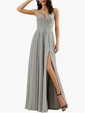 Brand New Loyeloy Silver Lace Bodice Maxi Bridesmaid Dress/Prom with High Slit